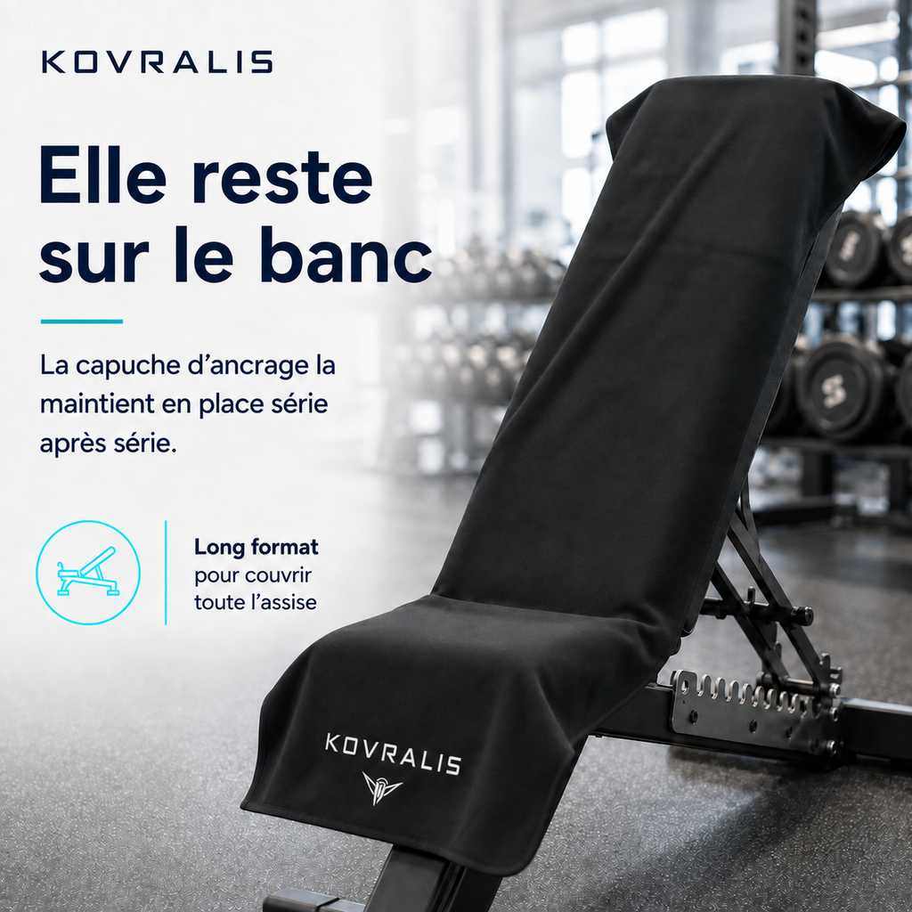 Serviette Kovralis pliée, capuche d'ancrage et poche zippée visibles
