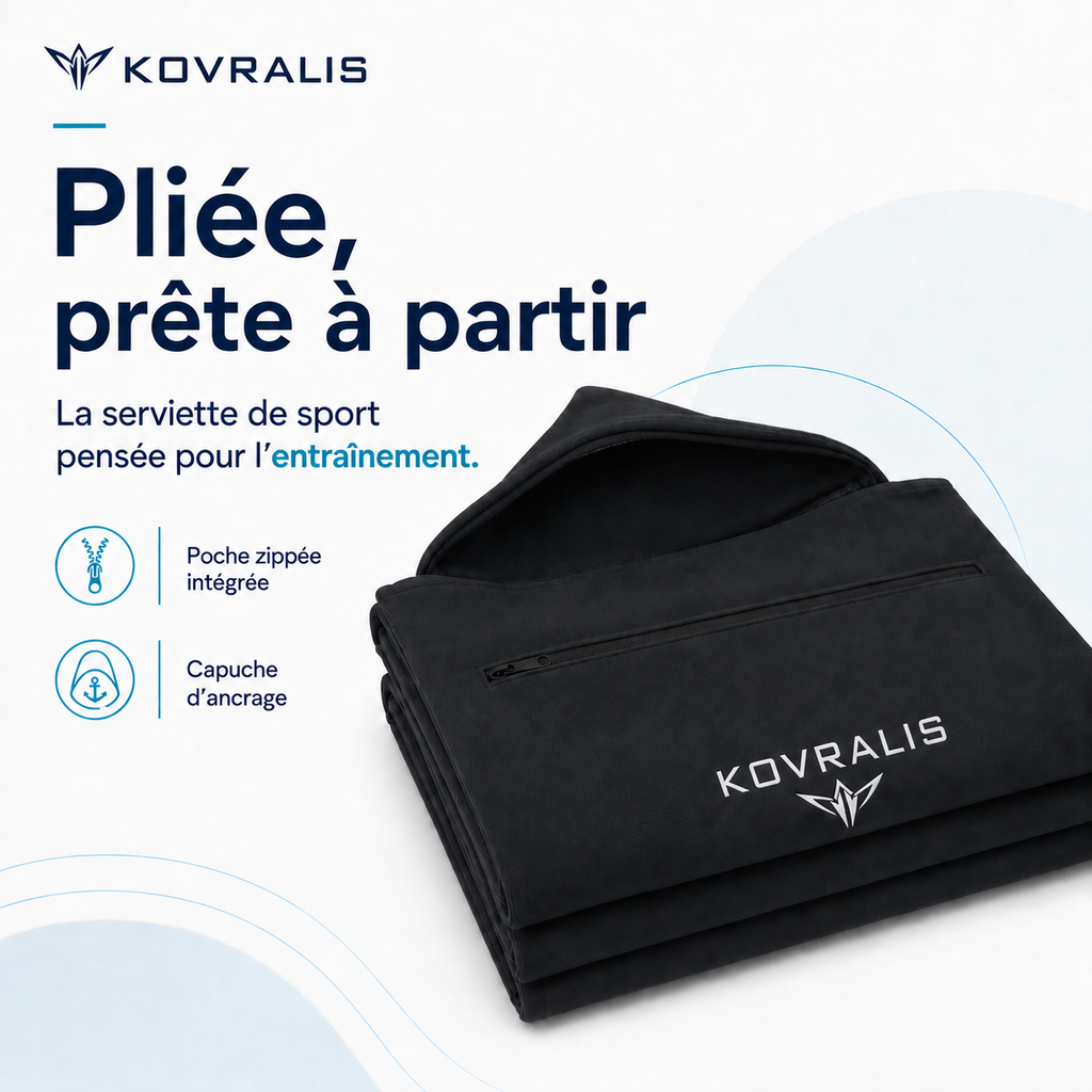 Poche zippée intégrée de la serviette Kovralis avec téléphone et clés